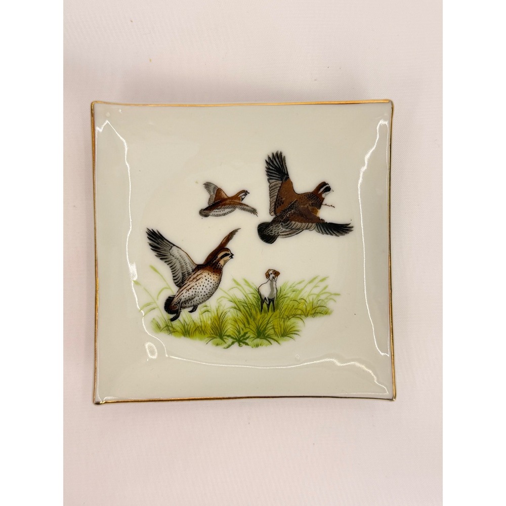 Vintage Porcelain Quail Hunting Trinket Dish Gold Rim Square Butter Pat size